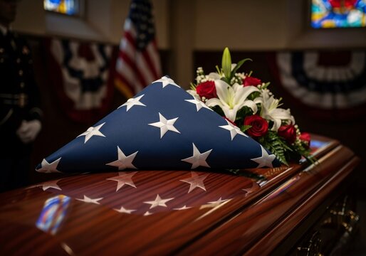 American flag draped casket adorned with flowers during a solemn ceremony