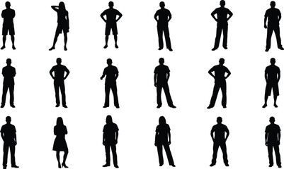 Collection of diverse human silhouettes in various standing poses isolated on white background, black shadow figures representing people, teamwork, lifestyle, body language concepts © MSTNASRIN