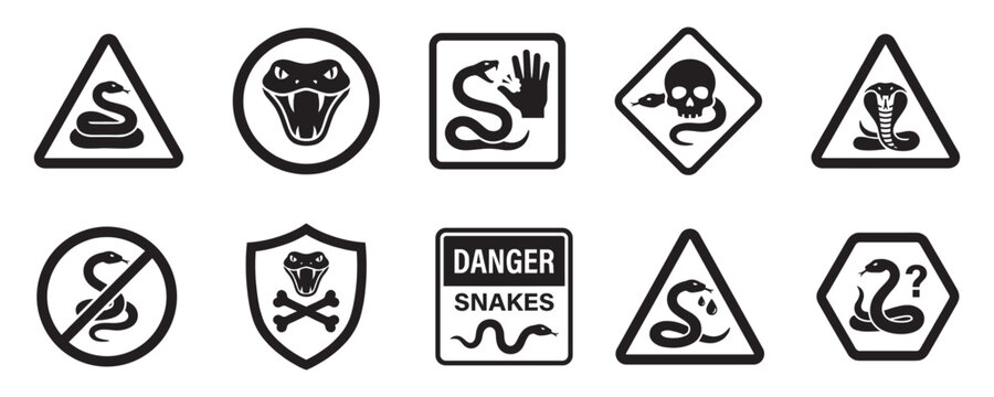 Snake Danger and Warning Signs Icon Set, Venomous Cobra Silhouettes. Vector Illustration.	

