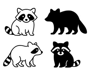 Fototapeta premium Raccoon set vector illustration, in outline and silhouette, for animal coloring design, isolated on transparent background PNG