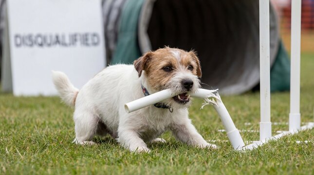 Playful terrier dog bites and breaks a white plastic pole during an agility course, leading to disqualification.