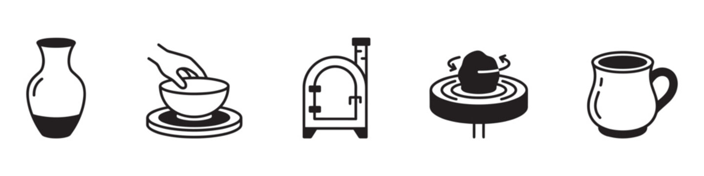 Pottery Craft and Ceramic Workshop Icons Set with Tools and Handmade Products. Vector Illustration.	
