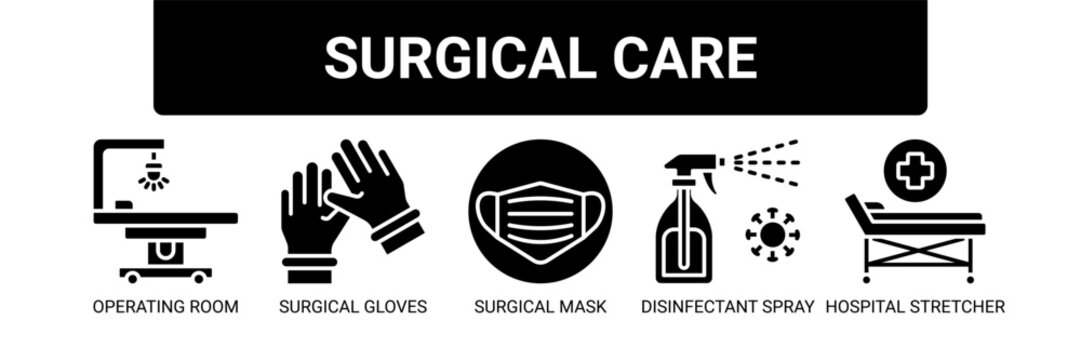 Surgical Care web banner icon vector illustration concept with icons of operating room, surgical gloves, surgical mask, disinfectant spray, and hospital stretcher.