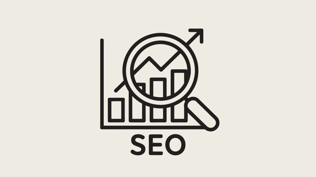 A simple black and white icon of SEO optimization with a magnifying glass over a graph and bar chart