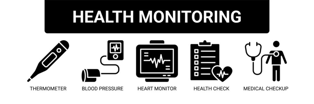 Health Monitoring web banner icon vector illustration concept with icons of thermometer, blood pressure monitor, heart monitor, health check, and medical checkup.