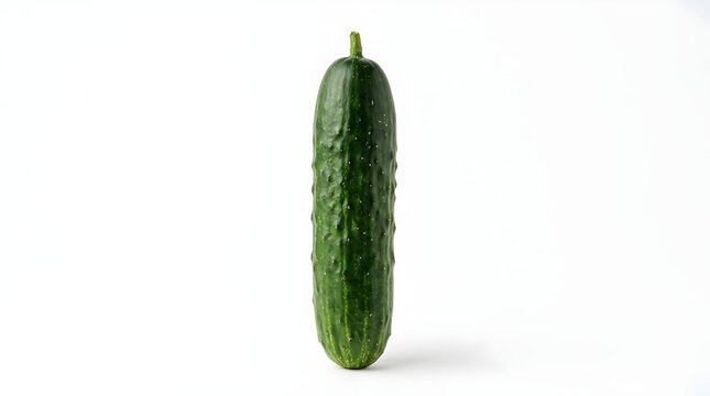 A single green cucumber standing upright on a white background