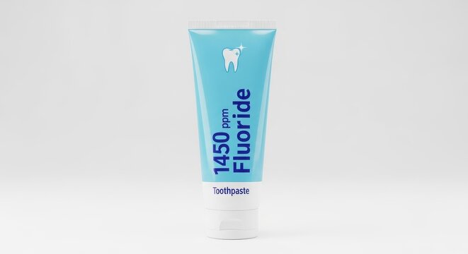 A tube of toothpaste with 1450 ppm fluoride, essential for dental hygiene and cavity prevention, displayed against a clean background.