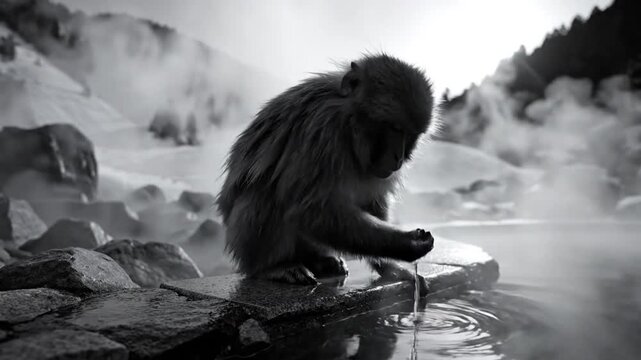 Japanese macaque monkey enjoying a hot spring spa in a misty, monochrome winter landscape