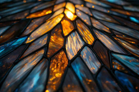 Colorful stained glass window with intricate geometric patterns illuminated by sunlight, showcasing vibrant hues of blue, orange, and amber in a decorative design