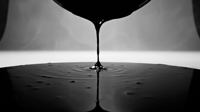 Black Liquid Dripping into a Pool in Black and White Abstract Close Up with Ripples