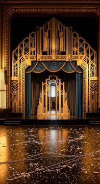 Elegant art deco theater stage with golden geometric proscenium arch and blue curtains reflecting on a polished floor with scattered confetti