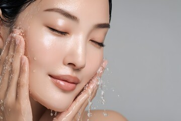 Naklejka premium Woman gently washing face with water glowing clean skin skincare routine close up