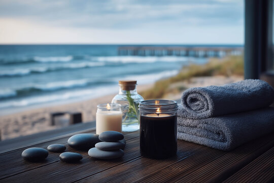 Relaxing beachside setting with rolled towels, candles, and smooth stones on wooden table overlooking ocean waves and pier in the distance