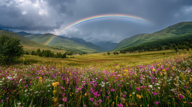 Panoramic view of a colorful wildflower field in rolling hills with a vivid rainbow stretching across cloudy sky, serene mountain landscape with soft light after rain