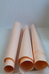 Minimal still life with rolled pastel paper sheets arranged on a clean white background. Abstract...