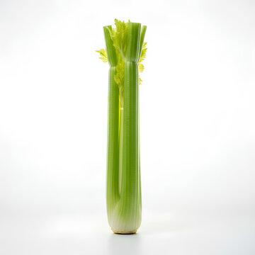 Fresh green celery stalk standing upright against a white background.