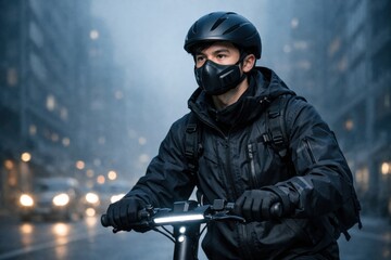 Naklejka premium Atmospheric pollution urban commuter lifestyle scene with masked young adult using electric scooter in polluted city environment highlighting air quality crisis resilience modern transport