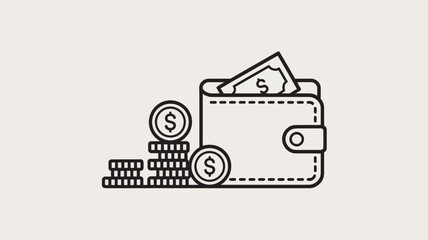 Naklejka premium A simple line drawing of a wallet with money and coins on a plain background.