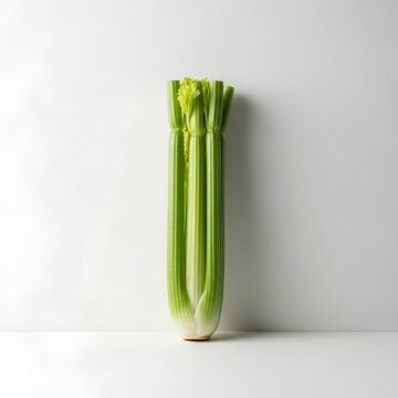 Fresh green celery stalks standing upright against a white background.