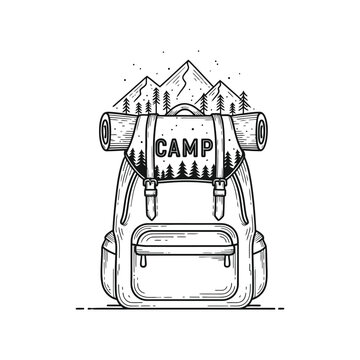 A backpack with a sleeping bag and a mountain isolated on white background, Vector, illustration