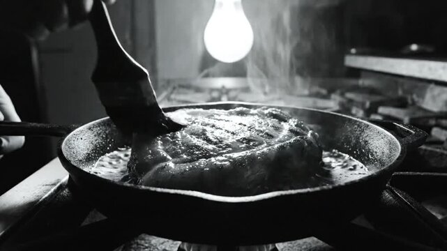 Black and white close up of a chef basting a steak in a cast iron pan over a gas stove