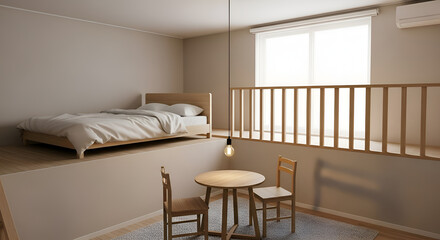 Fototapeta premium Minimalist room with bed and table.