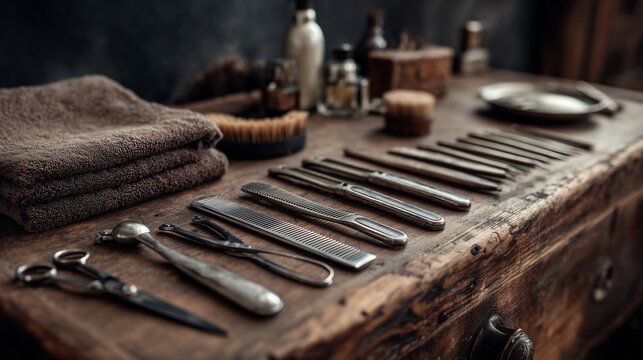 Cinematic close-up of barber's tools on a wooden table: scissors, razors, combs and towels. The atmosphere of male grooming, traditions and craftsmanship.