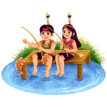 illustration of Dayak children fishing