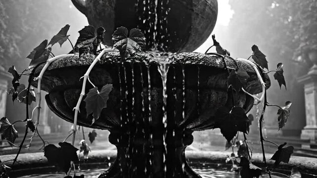 Black and white close-up of a classical fountain pouring water into a stone bowl, with vine leaves draped over it.