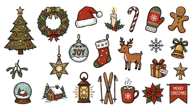 Festive Christmas Icons Collection Hand Drawn Elements for Holiday Season Design and Decoration