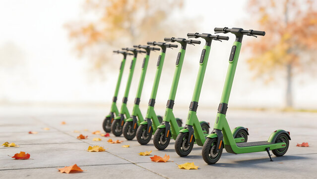 Green electric scooters lined up outdoors