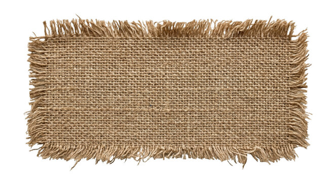 Frayed rectangular burlap fabric patch on transparent background