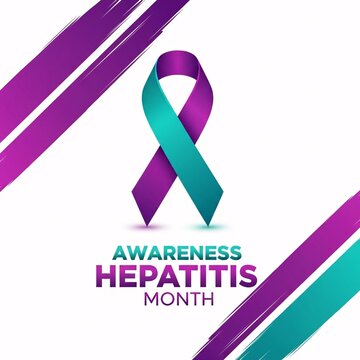 Hepatitis awareness month purple and teal ribbon on white background with colorful diagonal stripes