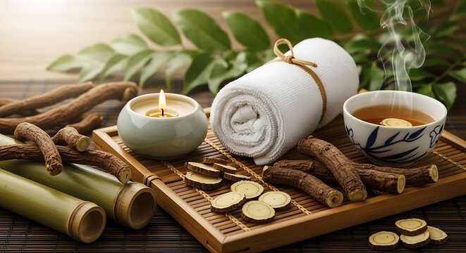 Serene outdoor spa setup with natural elements and relaxation tools