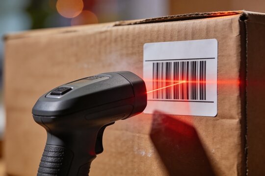 Barcode scanner reading on cardboard box close-up