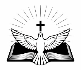 Fototapeta premium A dove spreads its wings above an open book, symbolizing peace and wisdom