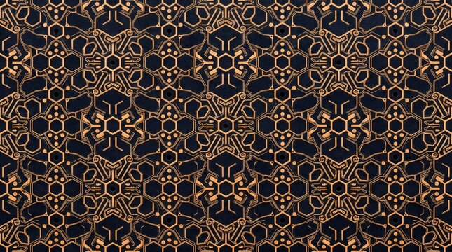 Intricate Pattern in Gold and Dark, Luxurious Abstract Texture  ,quantum error correction, circuit board, quantum hardware, PCB macro, quantum computing background,copy space