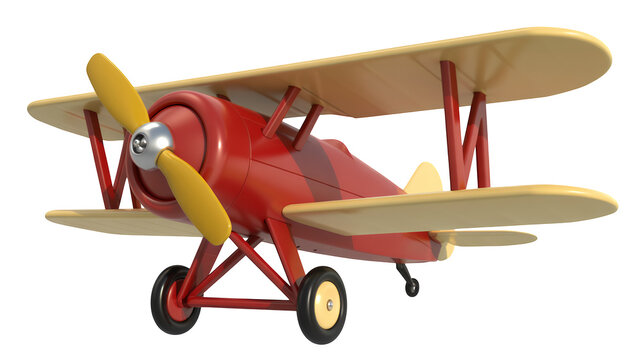 Red toy biplane with yellow propeller and cream colored wings from different angle on black isolated on a transparent background