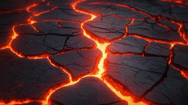 Cooling basalt surface fracturing to reveal glowing molten interior