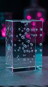 Crystal clear glass block with trapped bubbles illuminated by pink and blue neon lights.