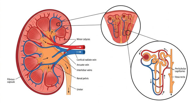 Human kidney cross-section diagram showing internal anatomy including cortex, medulla, renal pelvis, and nephron structure, technical flat vector illustration for biology education.