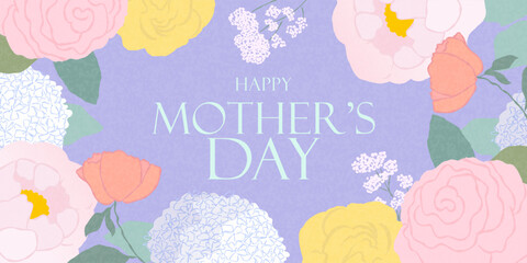 Happy Mother's Day Elegant Floral Greeting Card with flowers frame in soft pastel shades: pink white peonies, yellow roses, soft blue hydrangeas, and purple wildflowers. Spring summer floral pattern