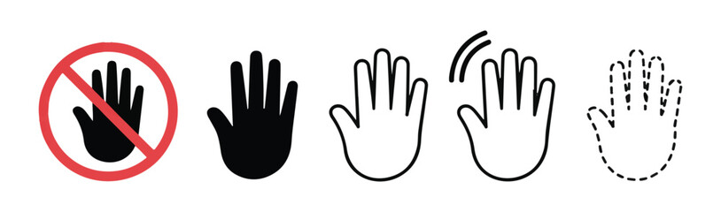 Fototapeta premium Stop hand sign icon set silhouette prohibition gesture warning caution different styles.