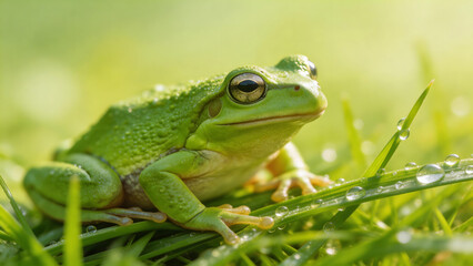 Obraz premium Green frog on dewy grass