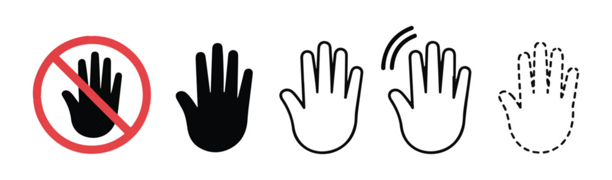 Stop hand sign icon set silhouette prohibition gesture warning caution different styles.