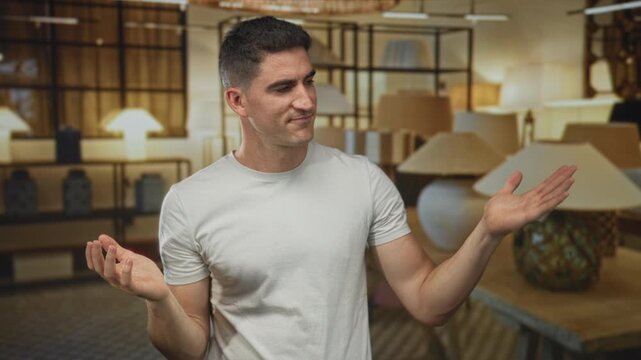Young hispanic man shrugging with hands palms up among lamps in a lamp shop building; uncertain decision.