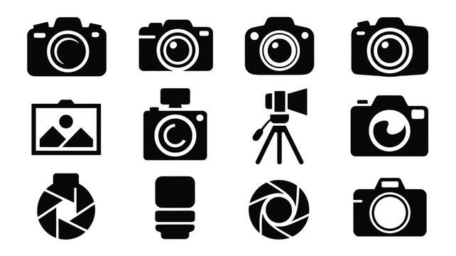 Set of black and white photography icons including cameras tripod lens and shutter symbols for design