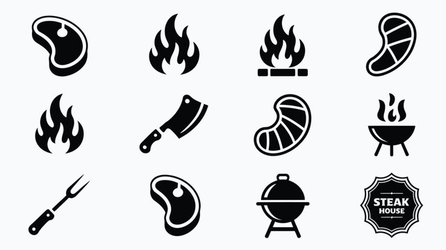 Black and white icons of grilling steak fire meat cleaver sausages grill and barbecue tools for professional culinary design