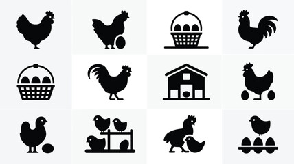 Poultry farm silhouette logo pack featuring chickens roosters eggs baskets and coops in minimalist black and white designs for versatile use © Tuli