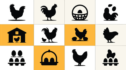 Minimalist poultry farm silhouettes featuring chickens roosters eggs and coop symbols in black and white design for logos and branding © Tuli